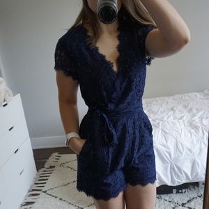 Diane Von Furstenberg Navy Purdette Lace Romper Size 6